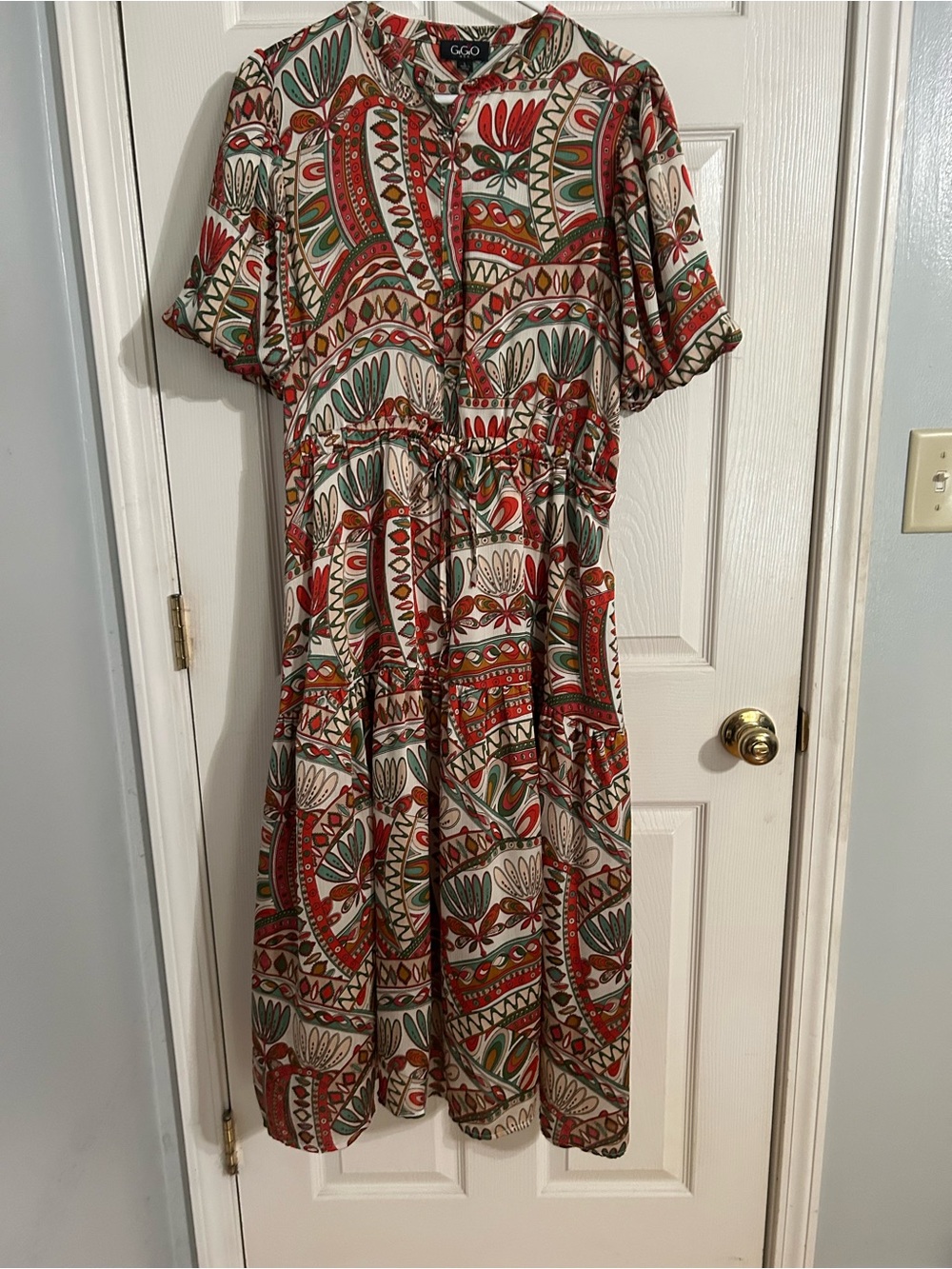 GGO Cream Midi Dress with Red & Green Paisley Print